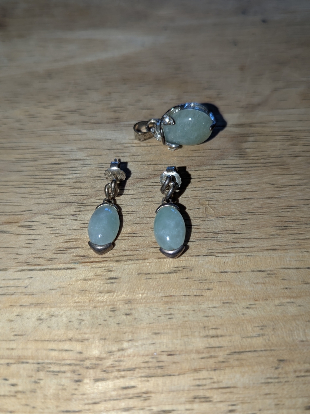 Sterling Silver Green Jade Oval Pendant and Earrings Set